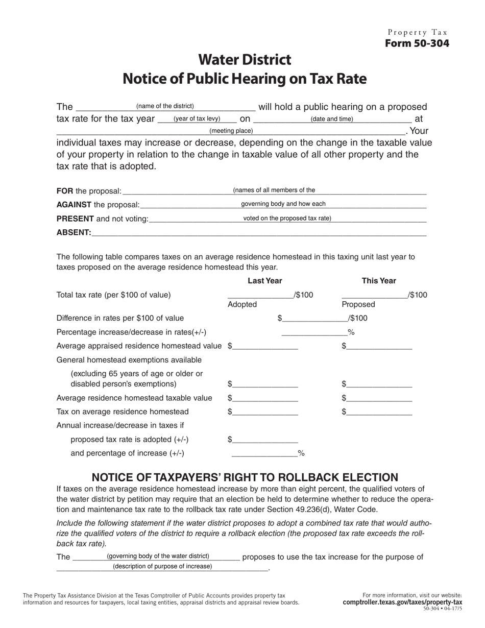 Form 50-304 Water District Notice of Public Hearing on Tax Rate - Texas, Page 1