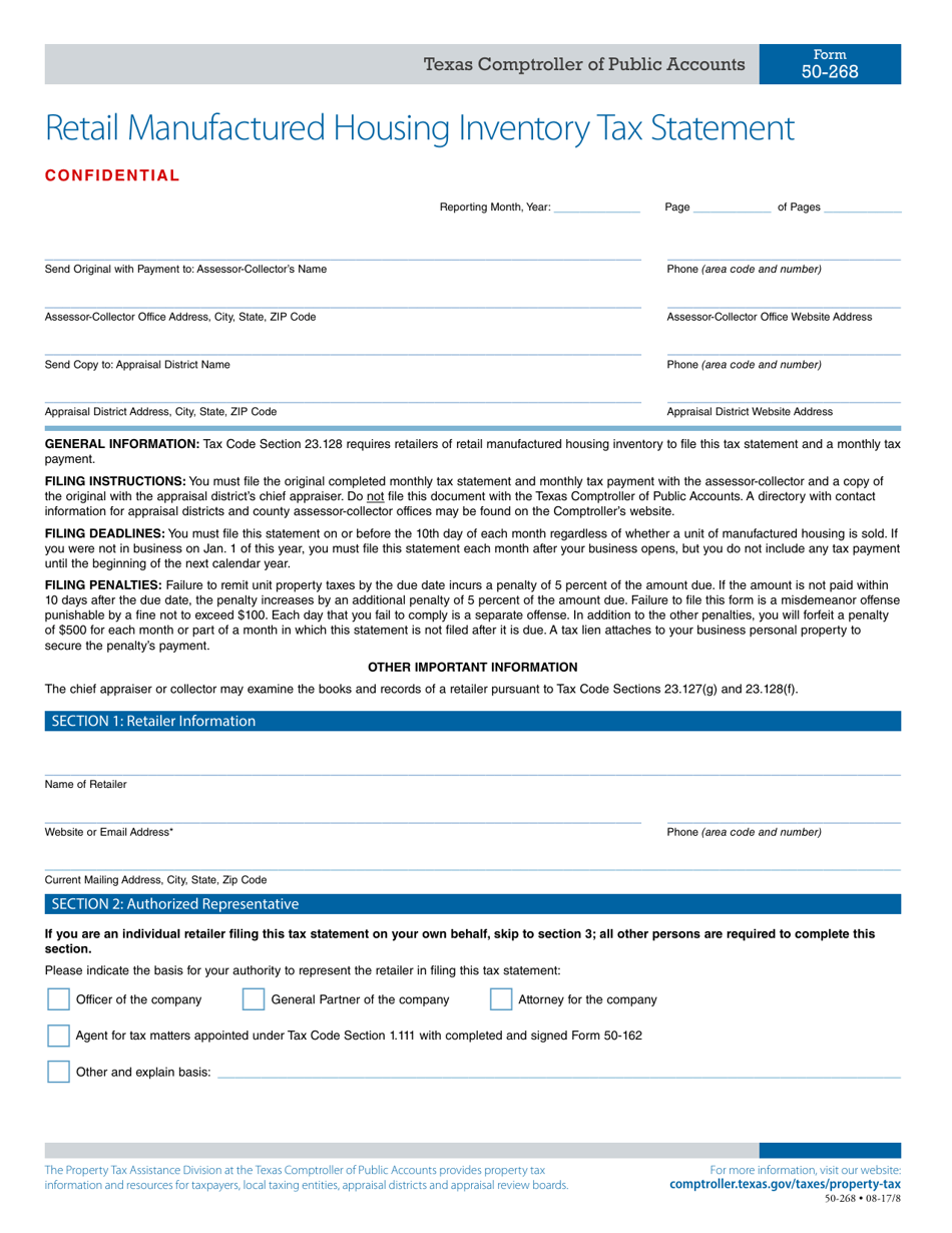 Form 50-268 Retail Manufactured Housing Inventory Tax Statement - Texas, Page 1