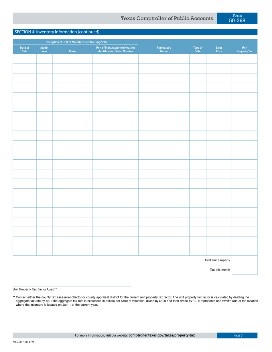 Form 50-268 Retail Manufactured Housing Inventory Tax Statement - Texas, Page 3