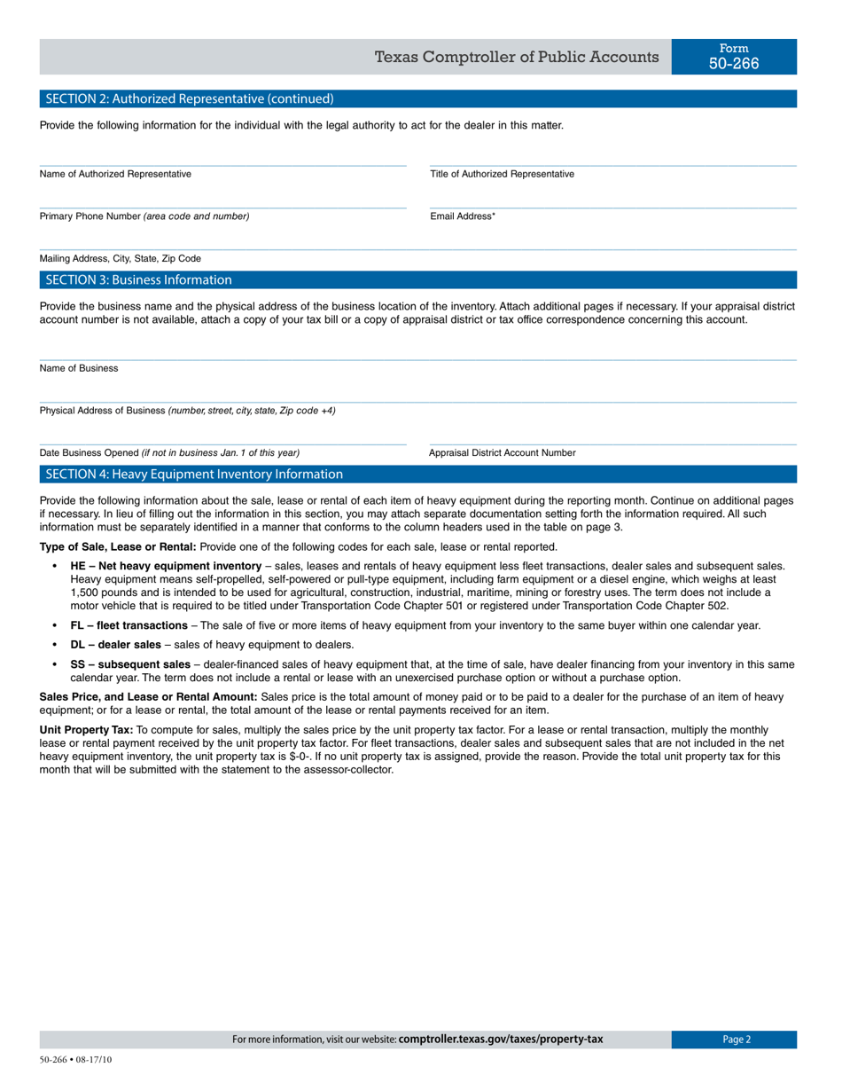 Form 50-266 Dealers Heavy Equipment Inventory Tax Statement - Texas, Page 2