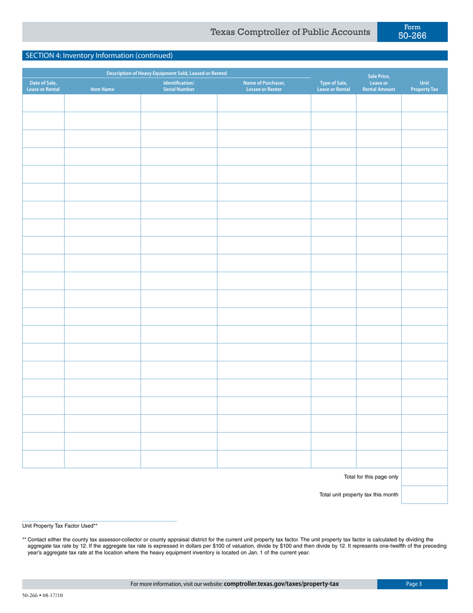 Form 50-266 Dealers Heavy Equipment Inventory Tax Statement - Texas, Page 3