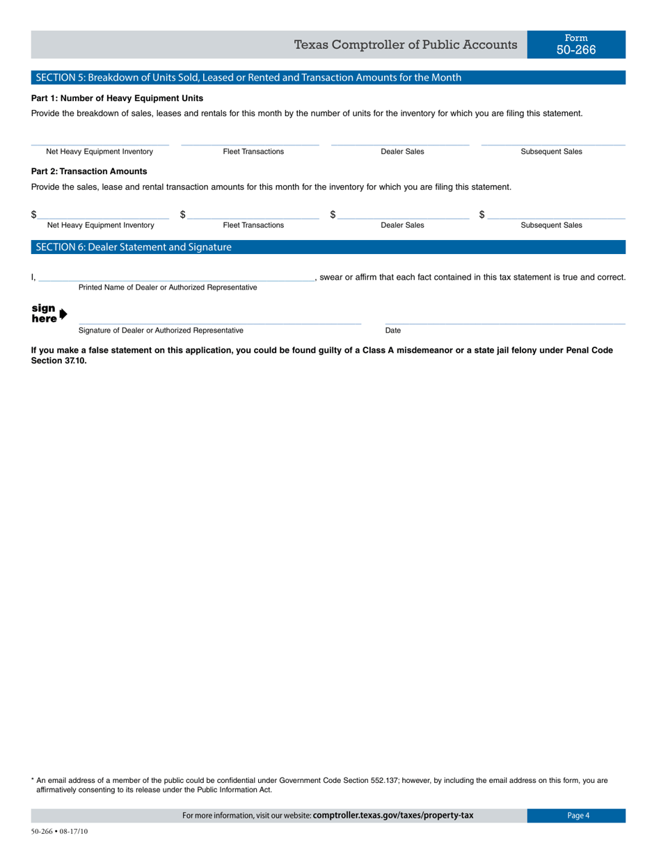 Form 50-266 Dealers Heavy Equipment Inventory Tax Statement - Texas, Page 4