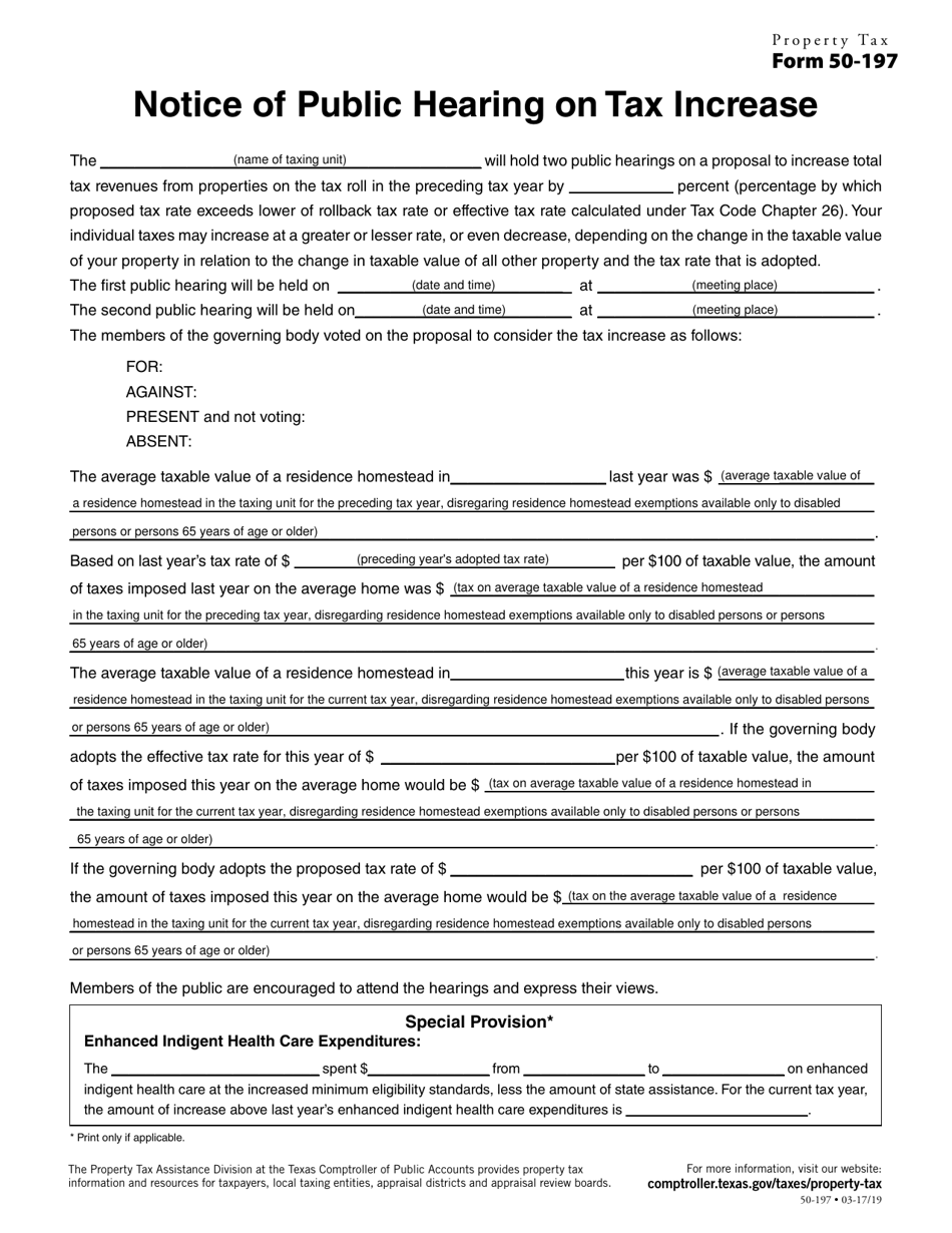 Form 50-197 Notice of Public Hearing on Tax Increase - Texas, Page 1