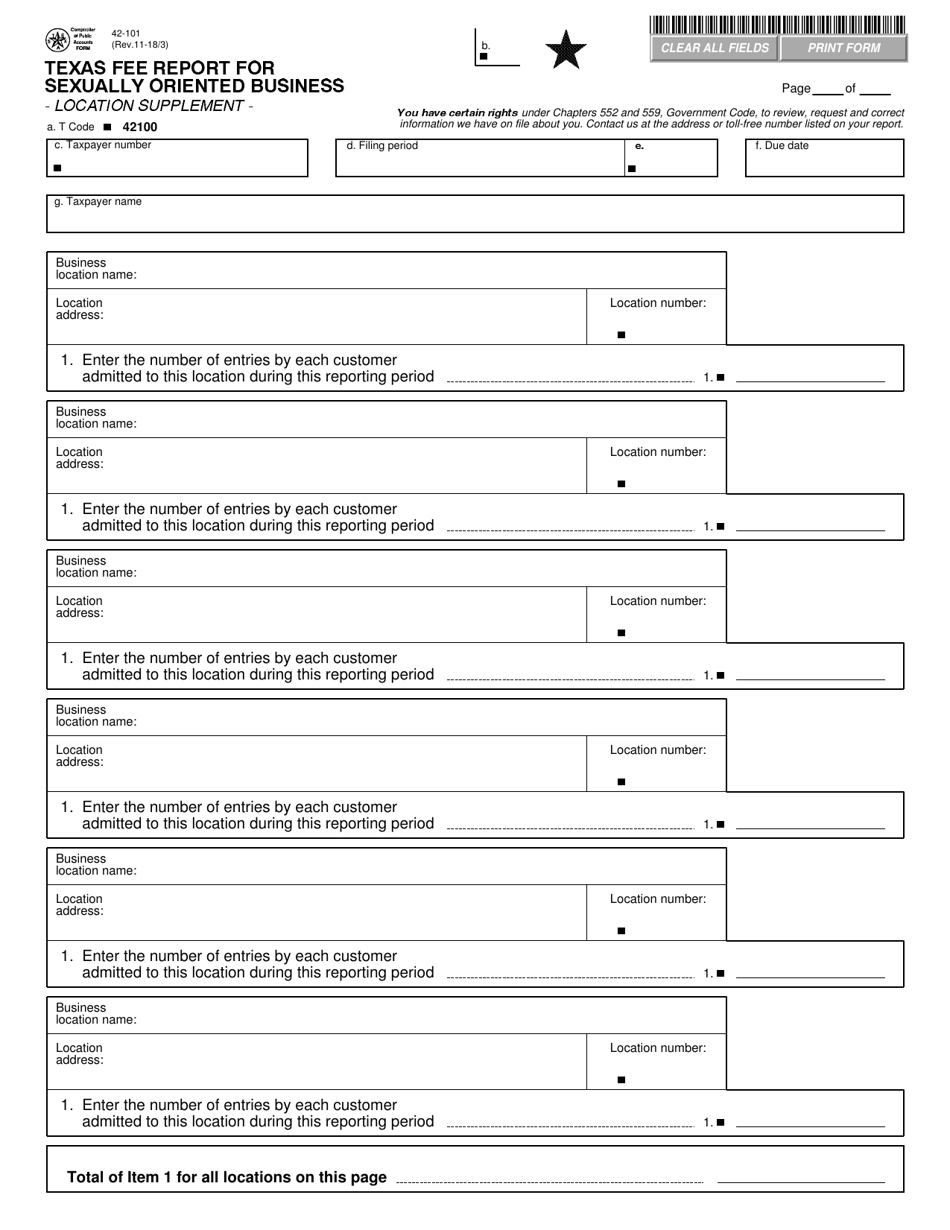 Form 42-101 Texas Fee Report for Sexually Oriented Business - Location Supplement - Texas, Page 1
