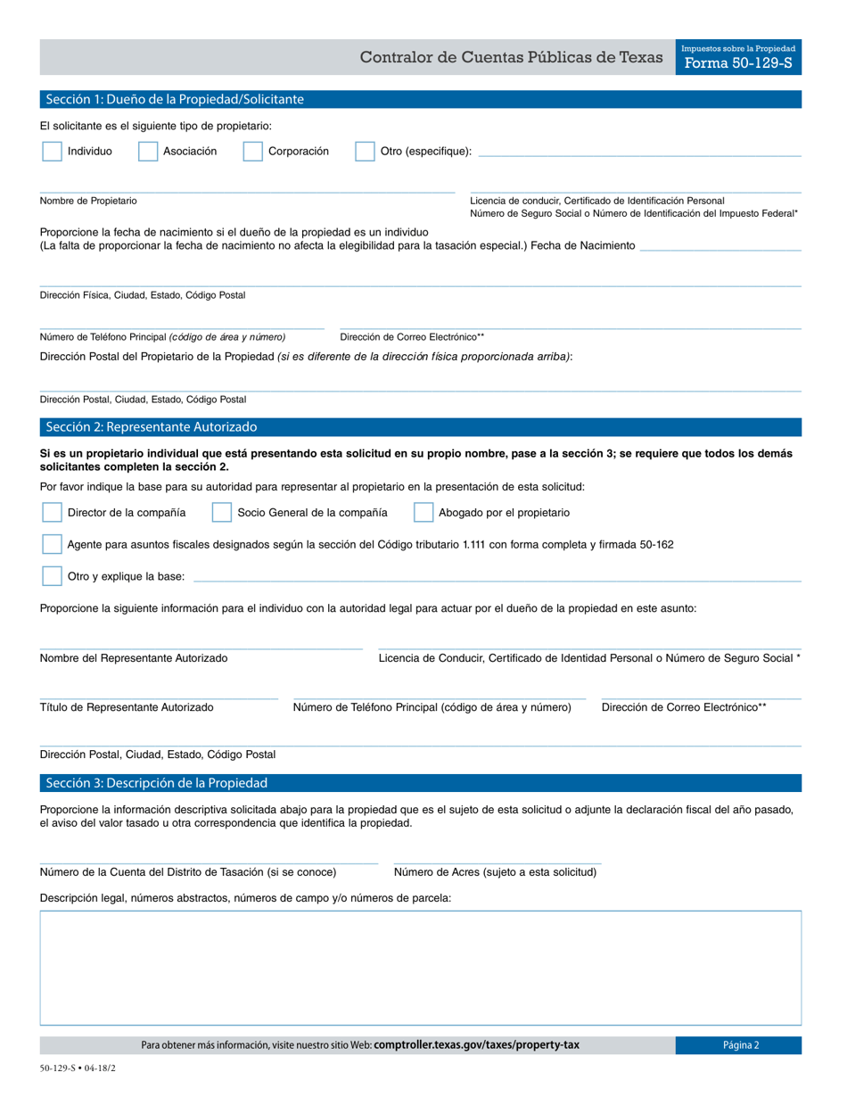 Formulario 50-129-S Applicacion Para 1-d-1 (Espacios-Abiertos) Tasacion De Uso Para Agricultura - Texas (Spanish), Page 2