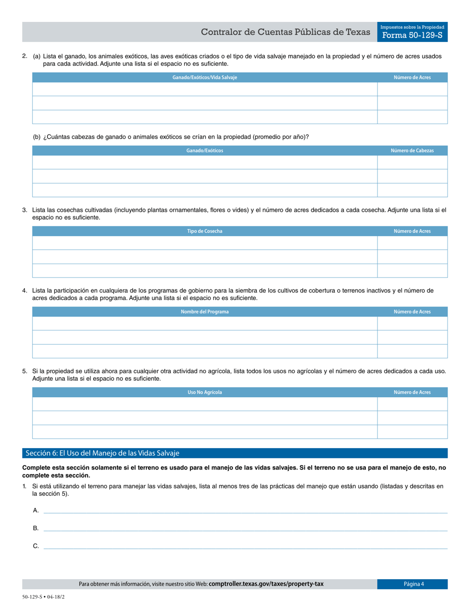 Formulario 50-129-S Applicacion Para 1-d-1 (Espacios-Abiertos) Tasacion De Uso Para Agricultura - Texas (Spanish), Page 4