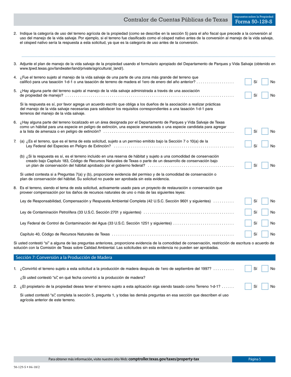 Formulario 50-129-S Applicacion Para 1-d-1 (Espacios-Abiertos) Tasacion De Uso Para Agricultura - Texas (Spanish), Page 5