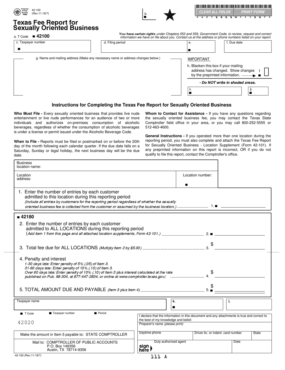 Form 42-100 Texas Fee Report for Sexually Oriented Business - Texas, Page 1