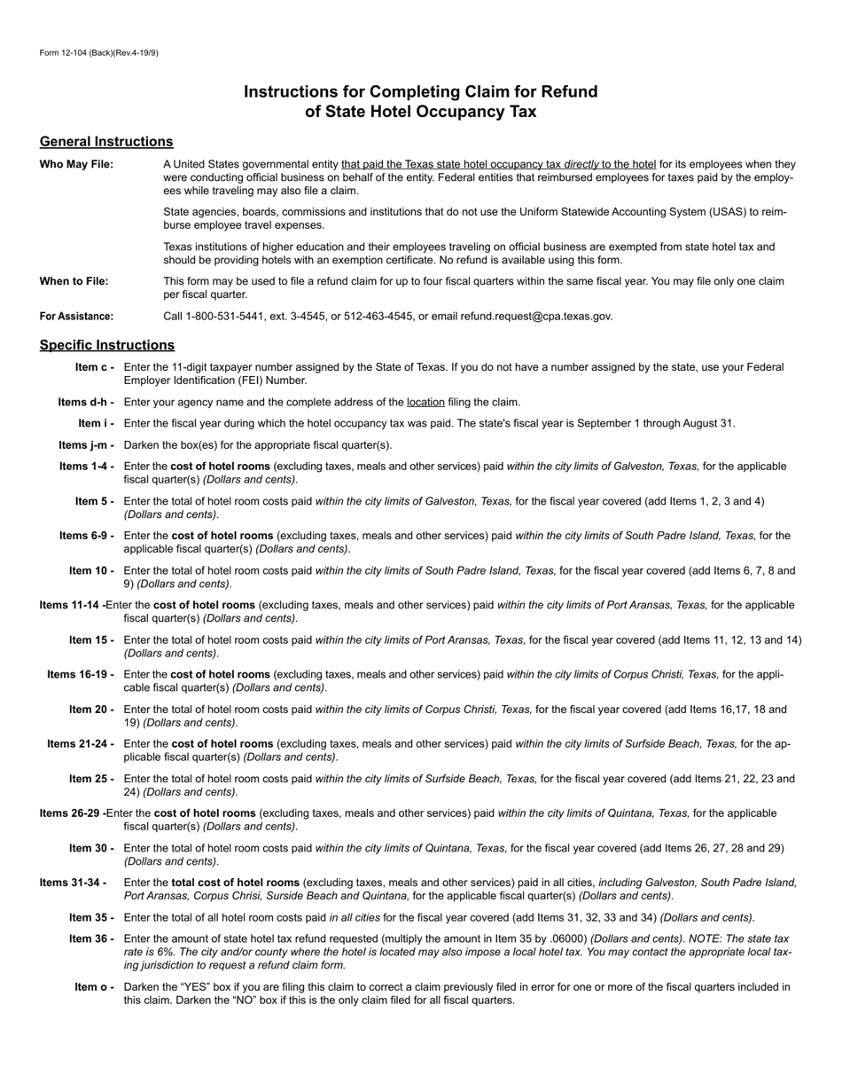 Form 12-104 Texas Claim for Refund of State Hotel Occupancy Tax - Texas, Page 2