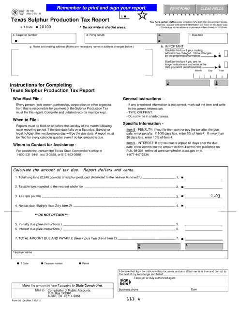 Form 30-106 Sulphur Production Tax Report - Texas