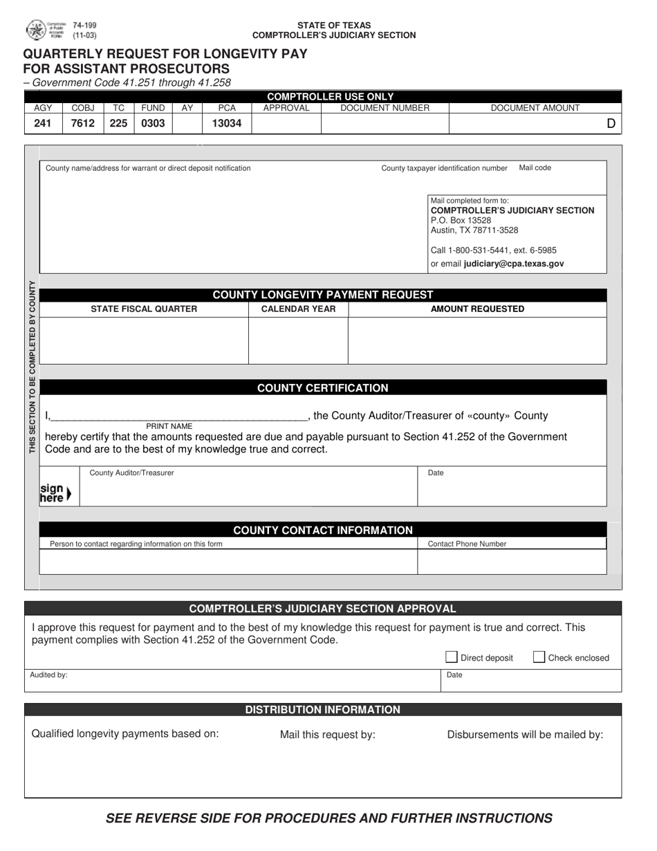 Form 74-199 Quarterly Request for Longevity Pay for Assistant Prosecutors - Texas, Page 1