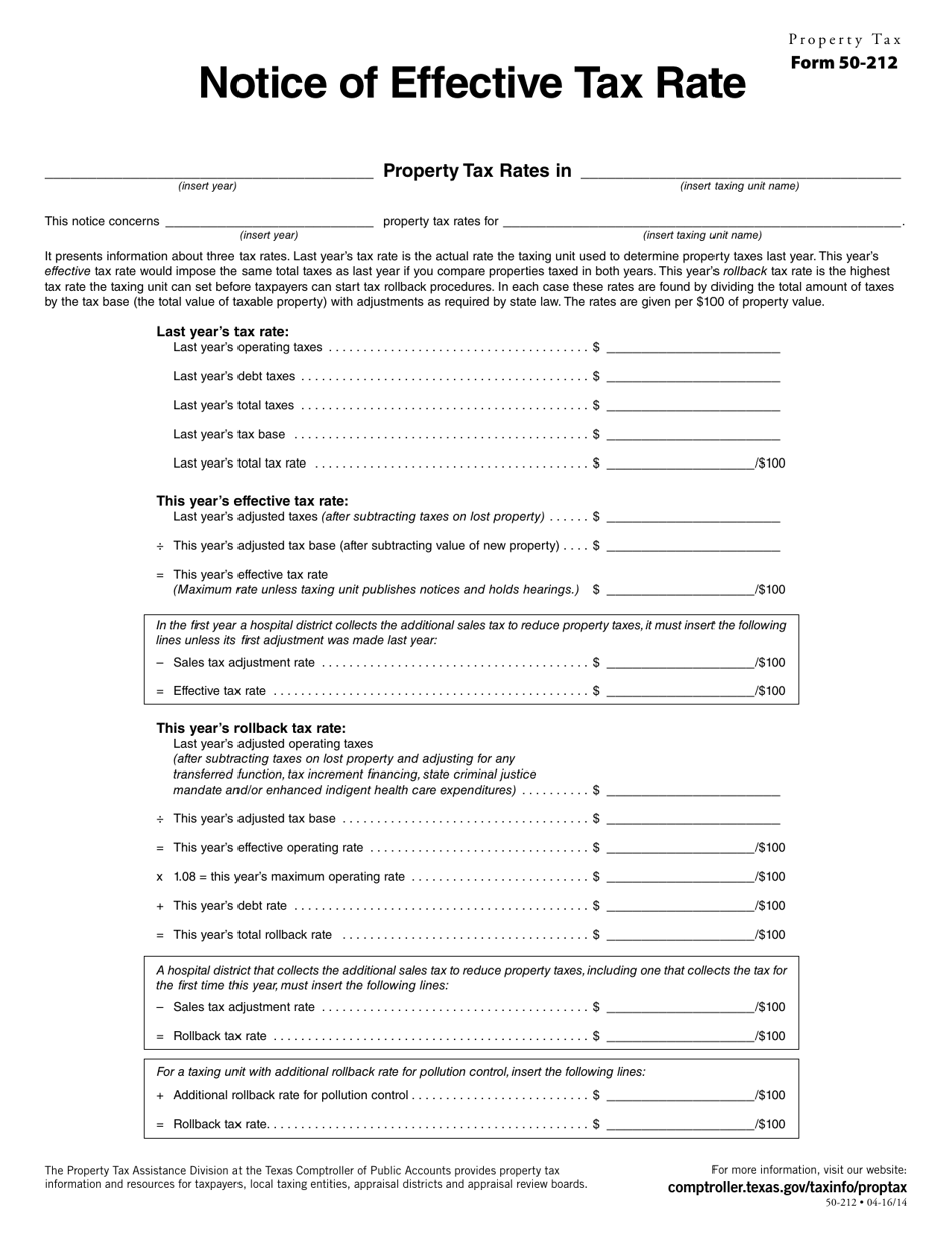 Form 50-212 Notice of Effective Tax Rate - Texas, Page 1