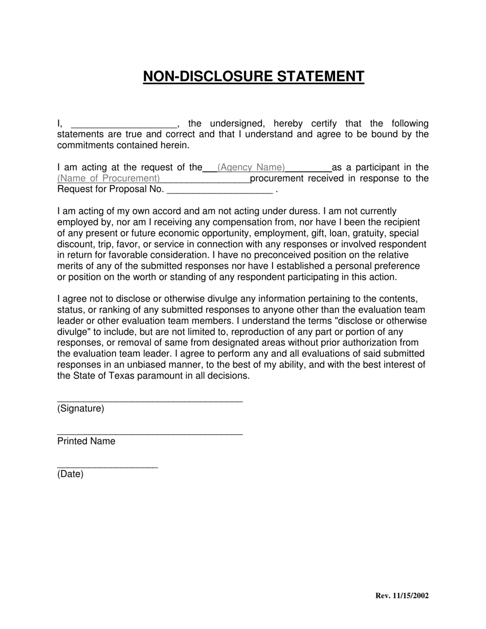 Non-disclosure Statement Form - Texas, Page 1