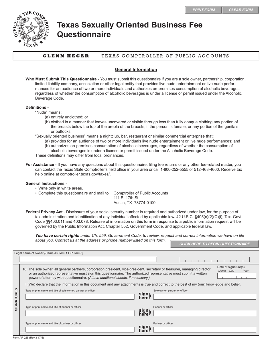 Form AP-225 Texas Sexually Oriented Business Fee Questionnaire - Texas, Page 1