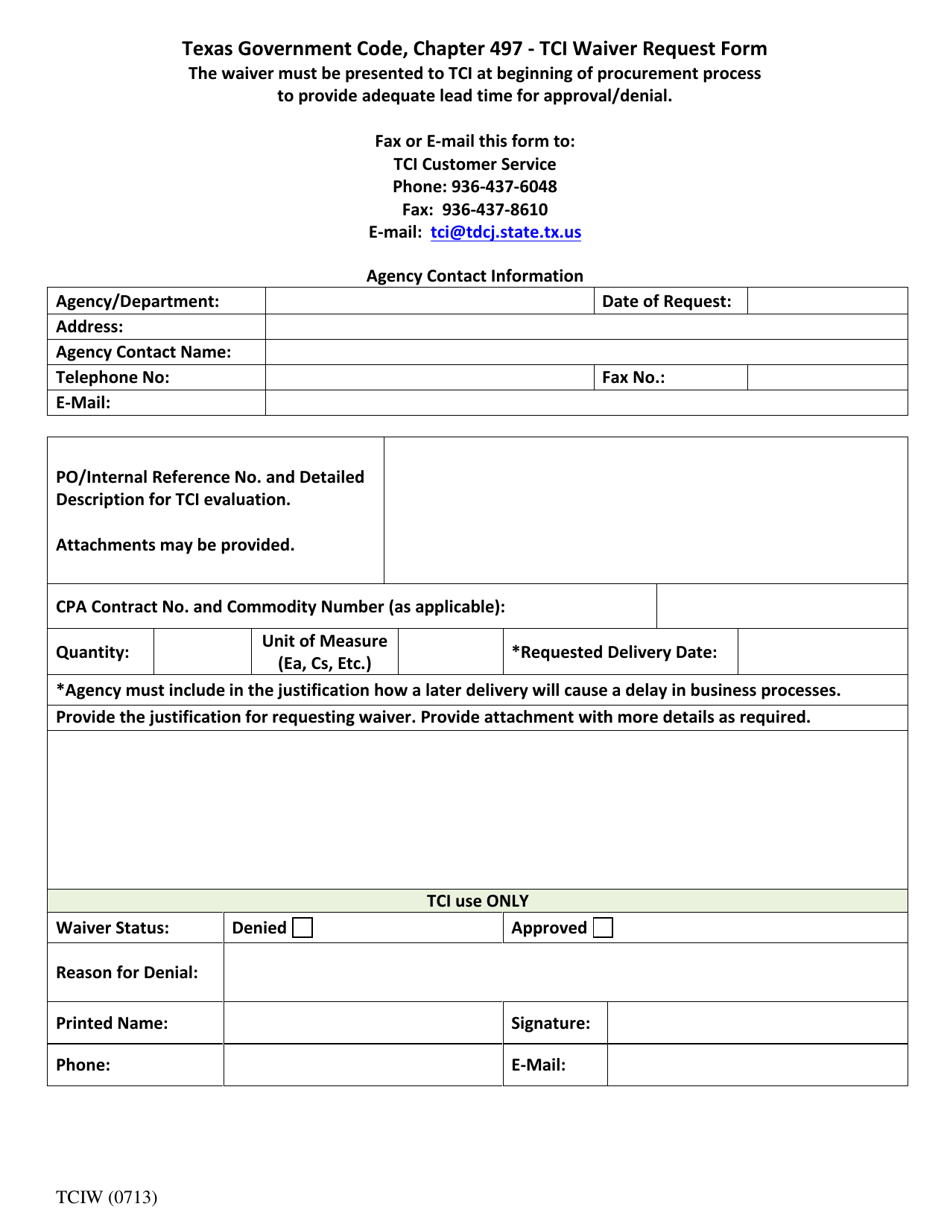 Tci Waiver Request Form - Texas, Page 1