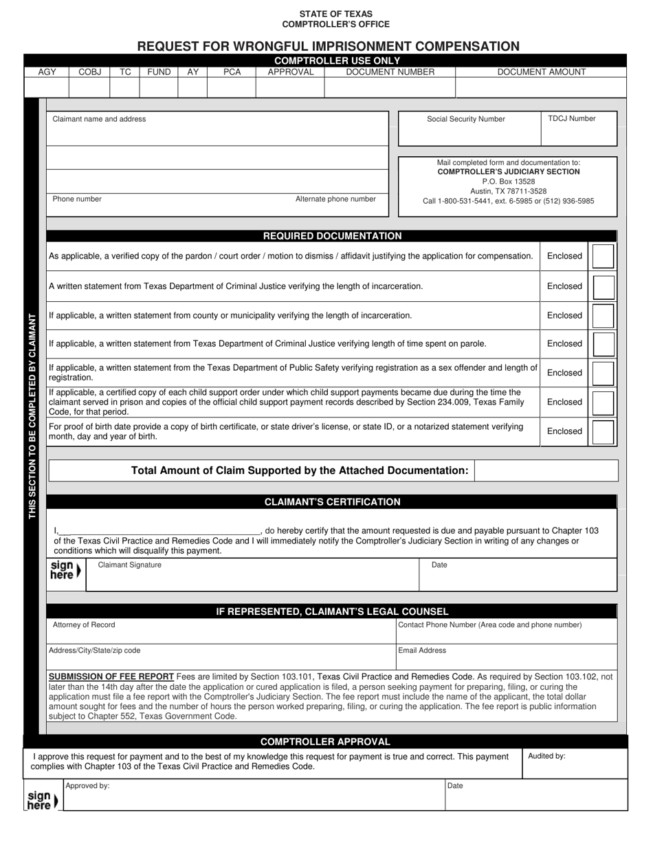 Request for Wrongful Imprisonment Compensation - Texas, Page 1