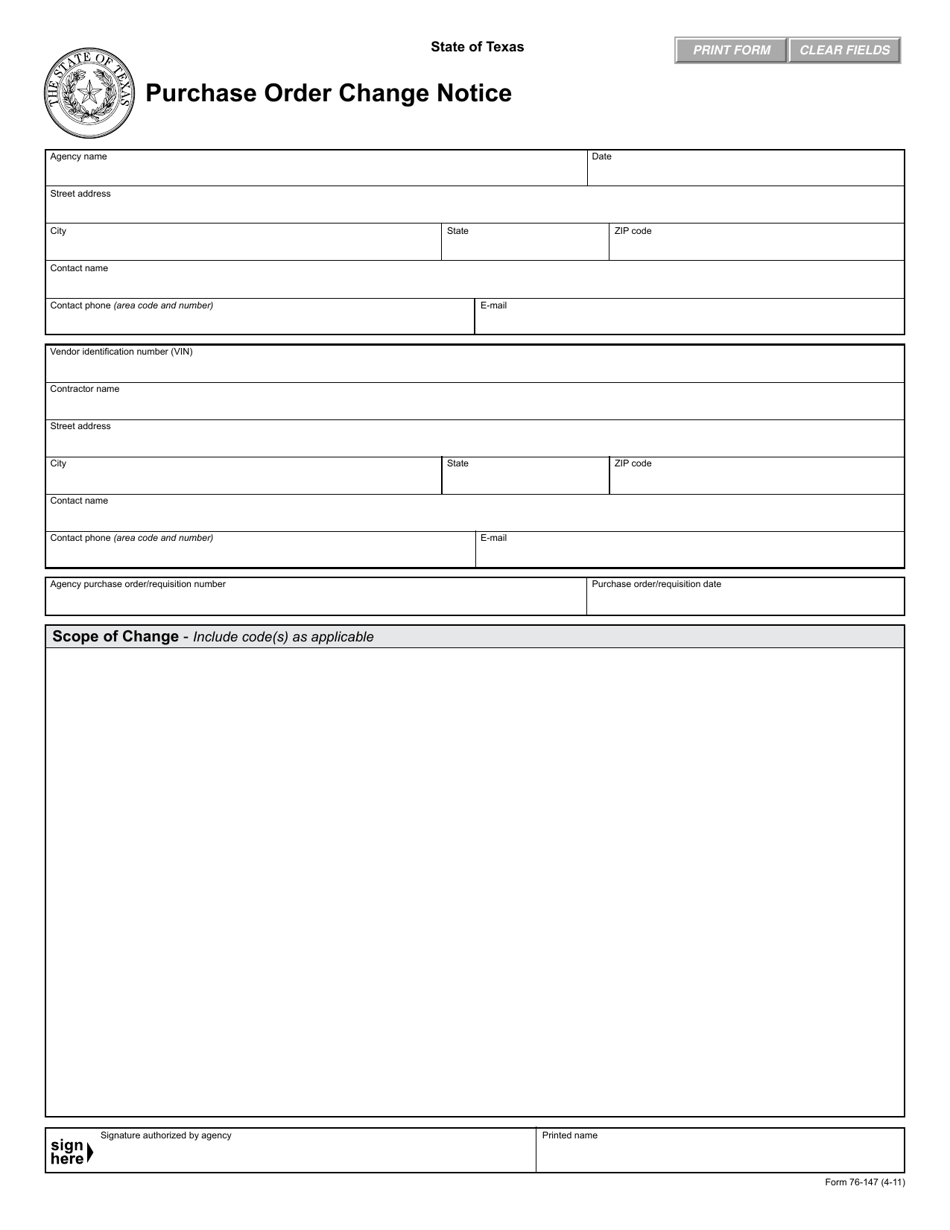 Form 76-147 Purchase Order Change Notice - Texas, Page 1