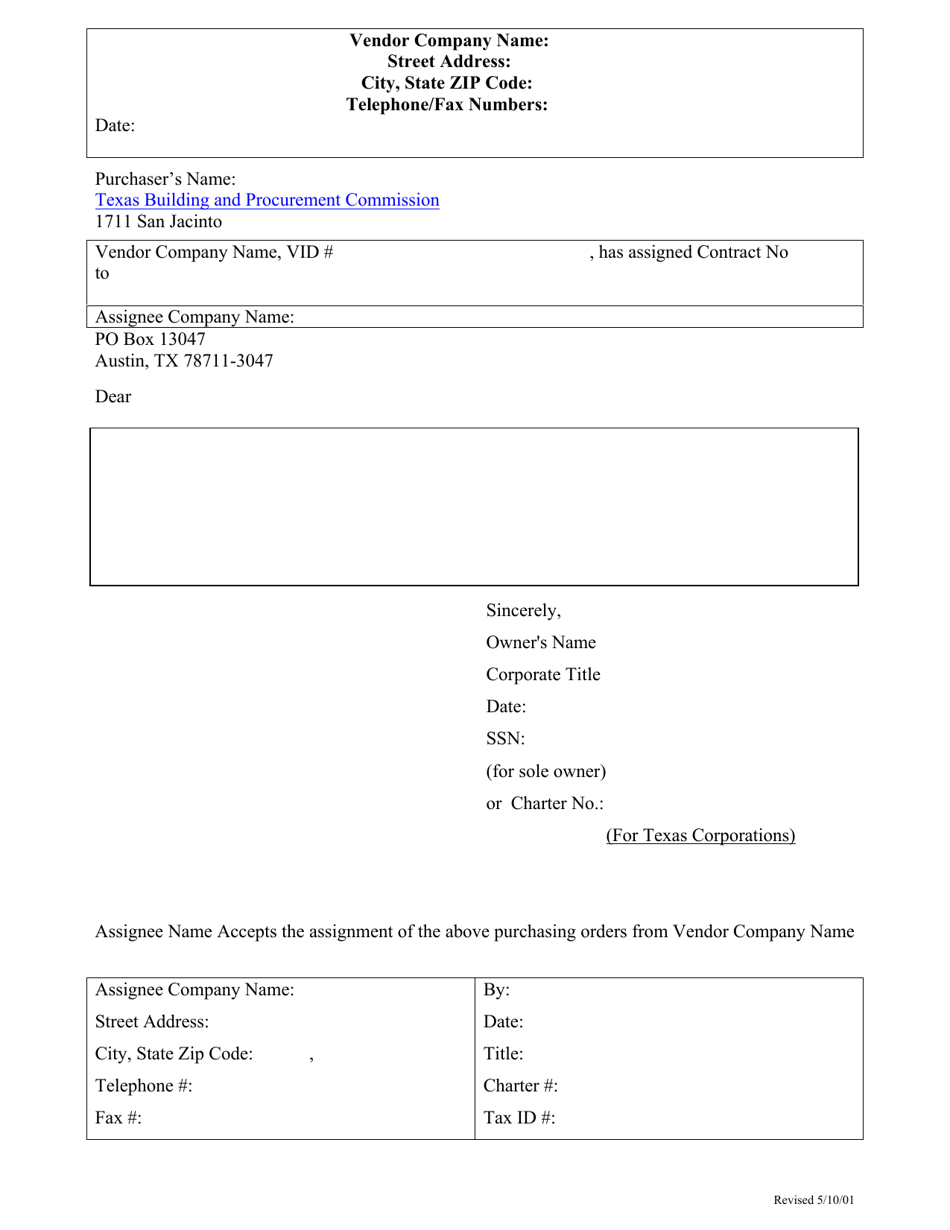 Vendor Assignment Letter - Texas, Page 1