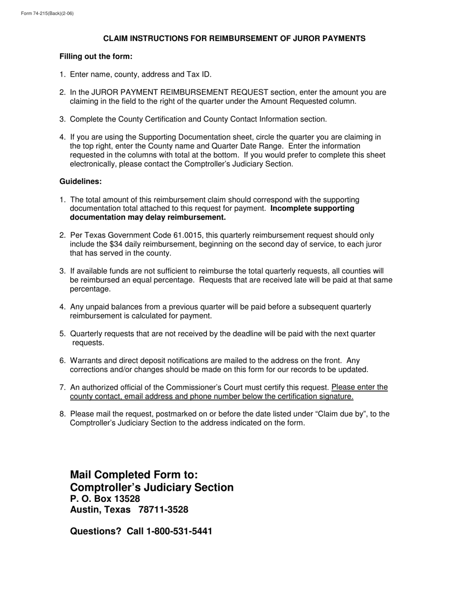 Form 74-215 Quarterly Request for County Reimbursement of Juror Payments - Texas, Page 2
