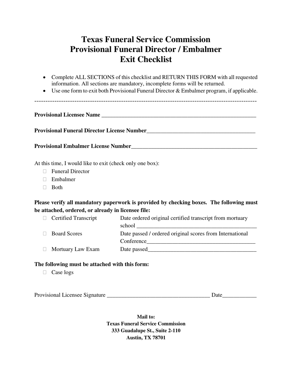 Provisional Funeral Director / Embalmer Exit Checklist - Texas, Page 1