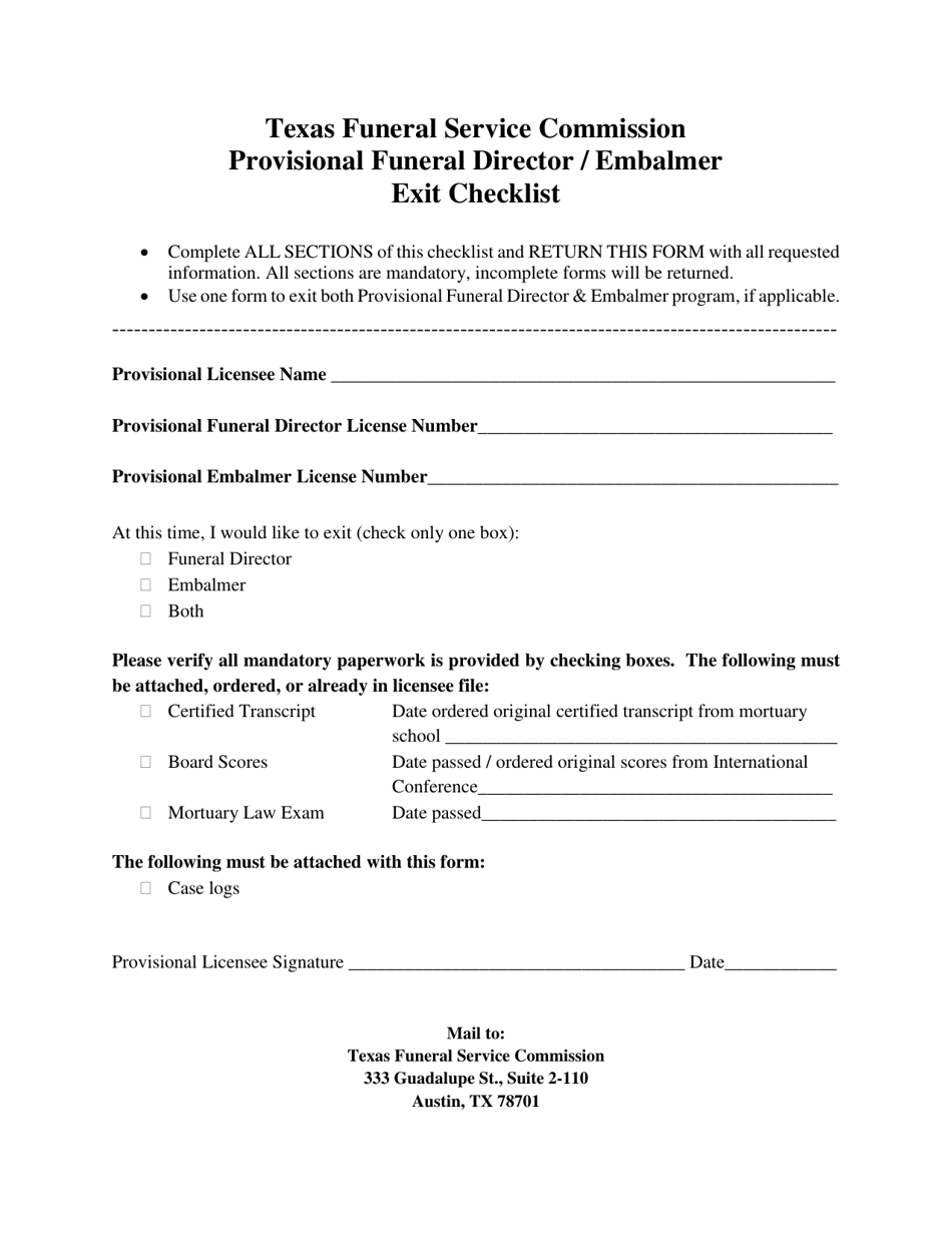 Texas Provisional Funeral Director/Embalmer Exit Checklist Fill Out