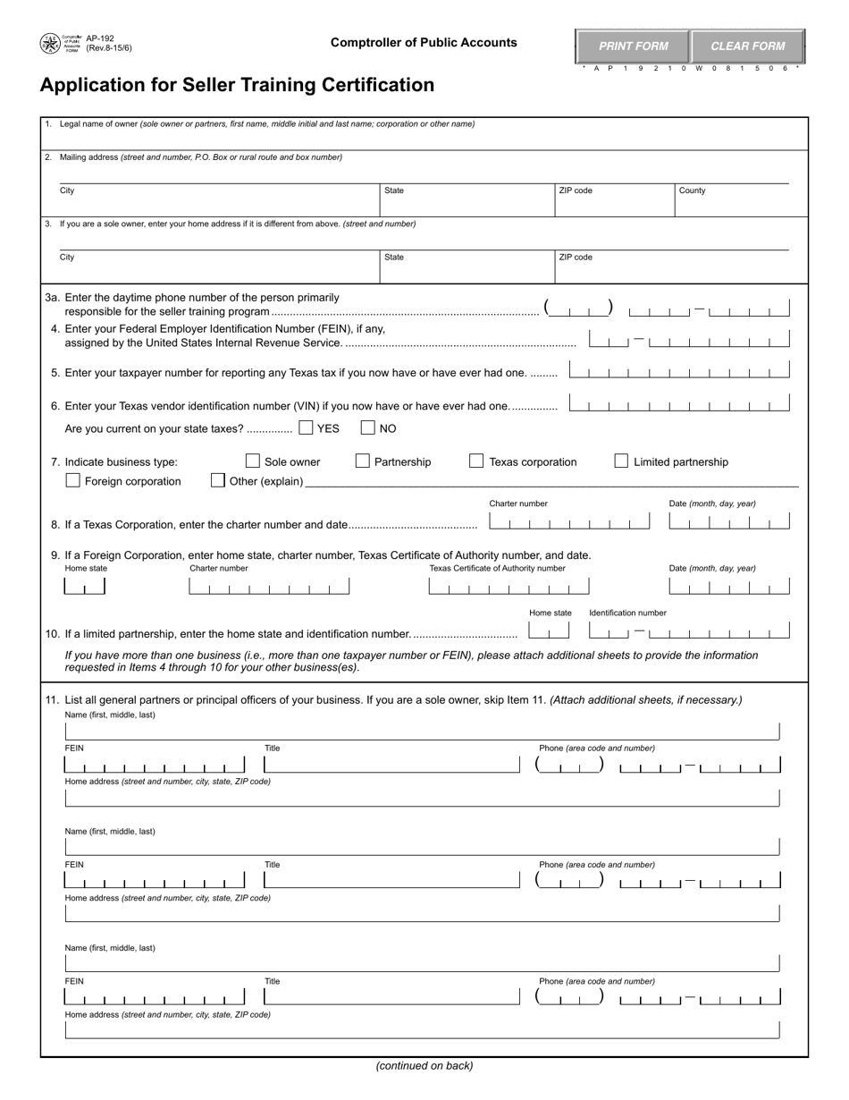 Form AP-192 Application for Seller Training Certification - Texas, Page 1