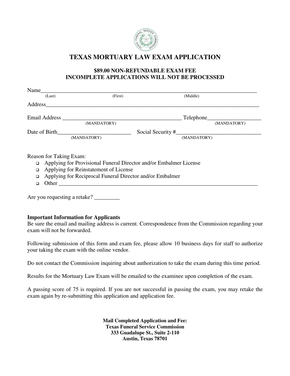 Texas Mortuary Law Exam Application Form - Texas, Page 1