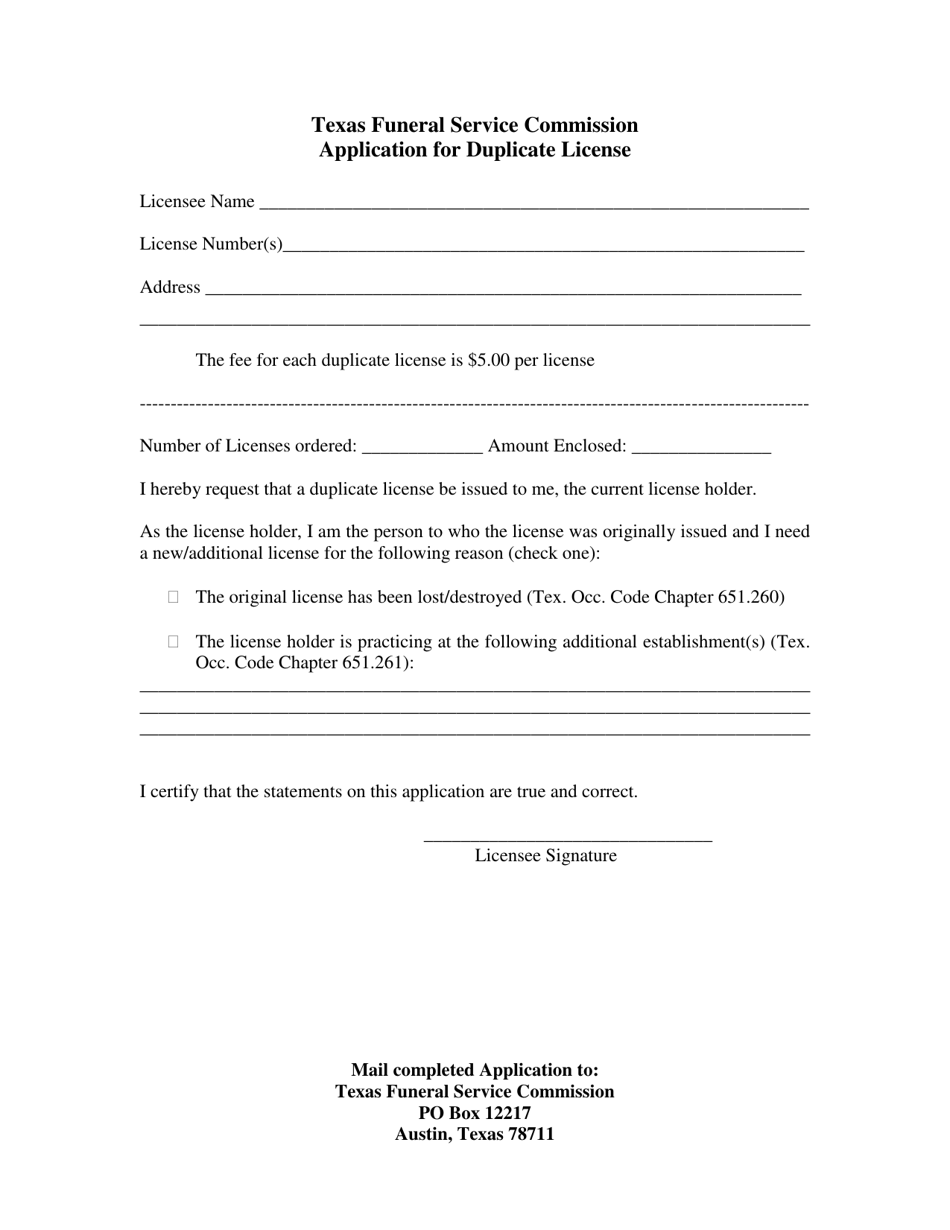 Application for Duplicate License - Texas, Page 1