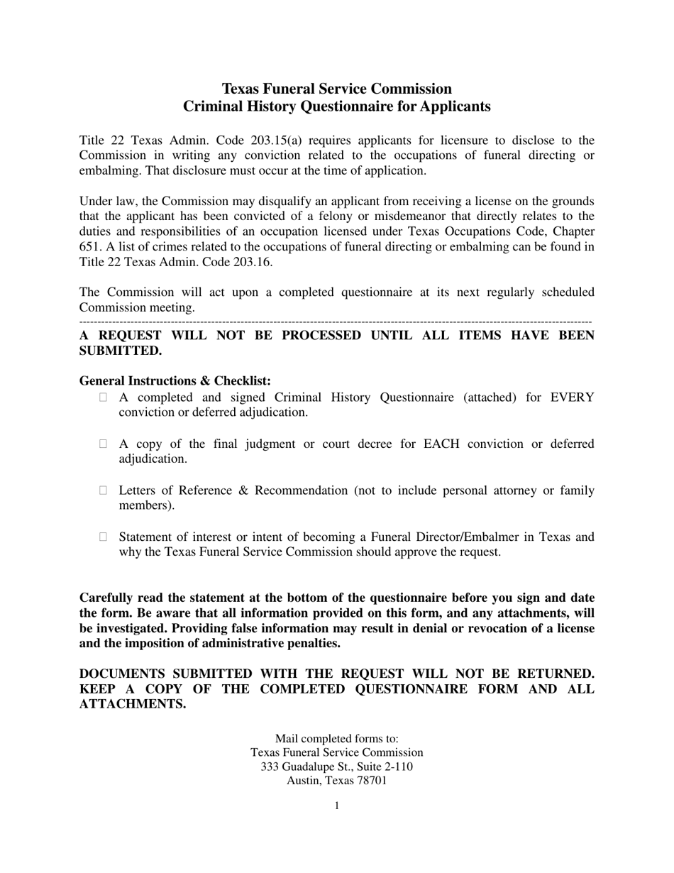 Criminal History Questionnaire for Applicants - Texas, Page 1