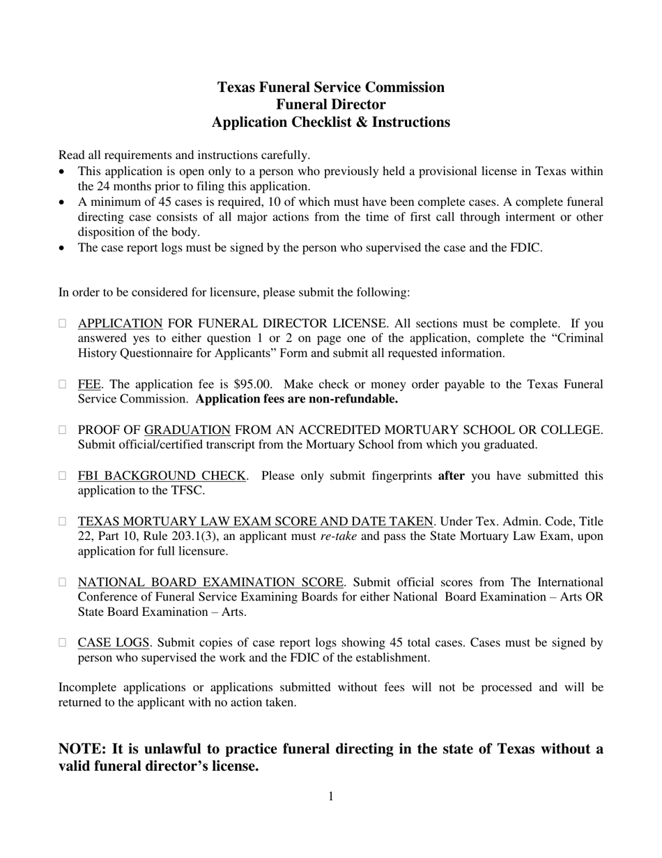 Funeral Director Application - Texas, Page 1