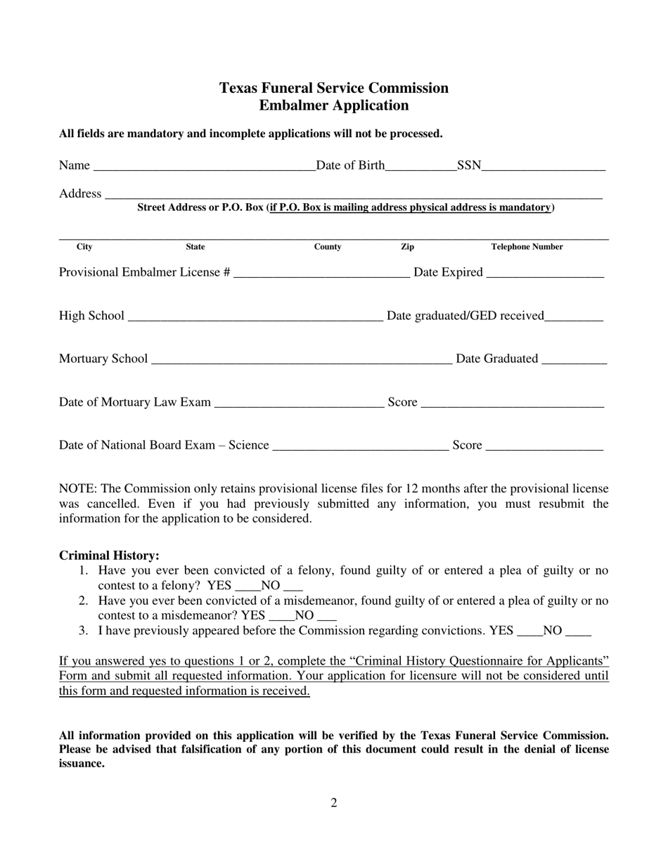 Embalmer Application - Texas, Page 2