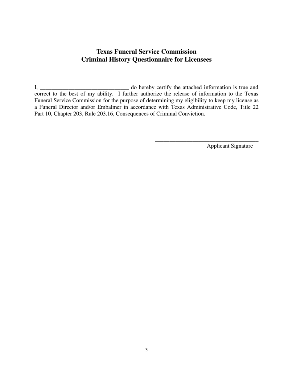 Criminal History Questionnaire for Licensees - Texas, Page 3