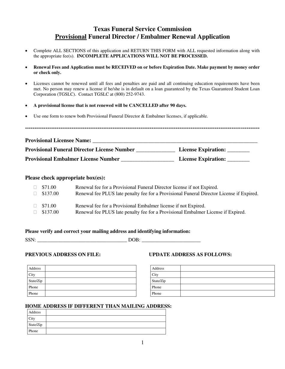 Provisional Funeral Director / Embalmer Renewal Application Form - Texas, Page 1
