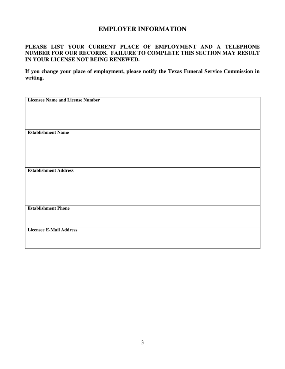 Provisional Funeral Director / Embalmer Renewal Application Form - Texas, Page 3