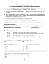 Document preview: Provisional Funeral Director/Embalmer Renewal Application Form - Texas