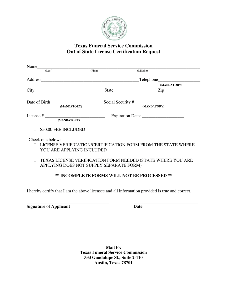 Out of State License Certification Request Form - Texas, Page 1