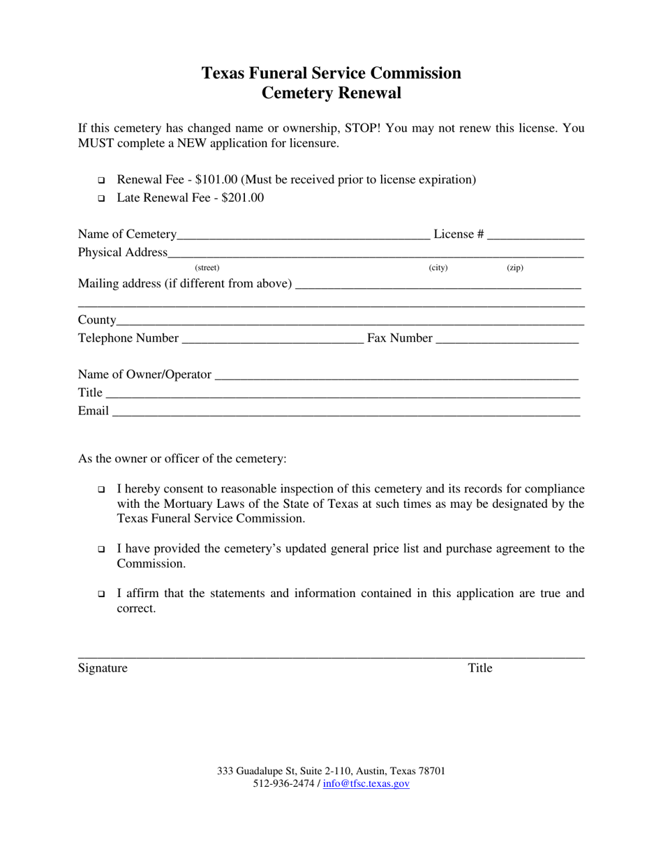 Cemetery Renewal Form - Texas, Page 1