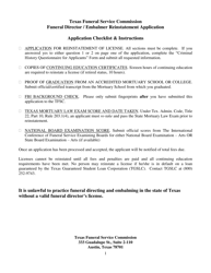 Funeral Director/Embalmer Reinstatement Application Packet - Texas