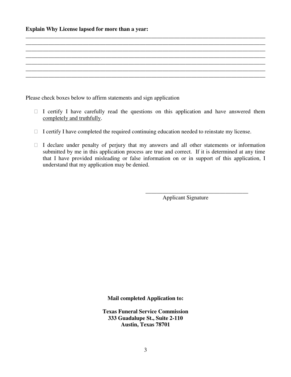 Funeral Director / Embalmer Reinstatement Application Packet - Texas, Page 3