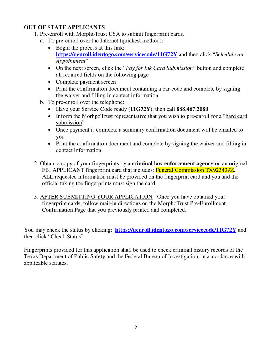 Funeral Director / Embalmer Reinstatement Application Packet - Texas, Page 5