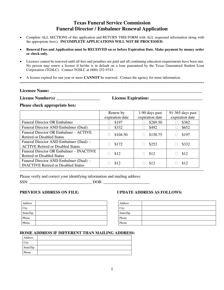 Texas Funeral Director/Embalmer Renewal Application Form Fill Out, Sign Online and Download