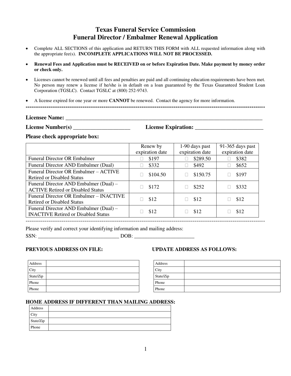 Funeral Director / Embalmer Renewal Application Form - Texas, Page 1