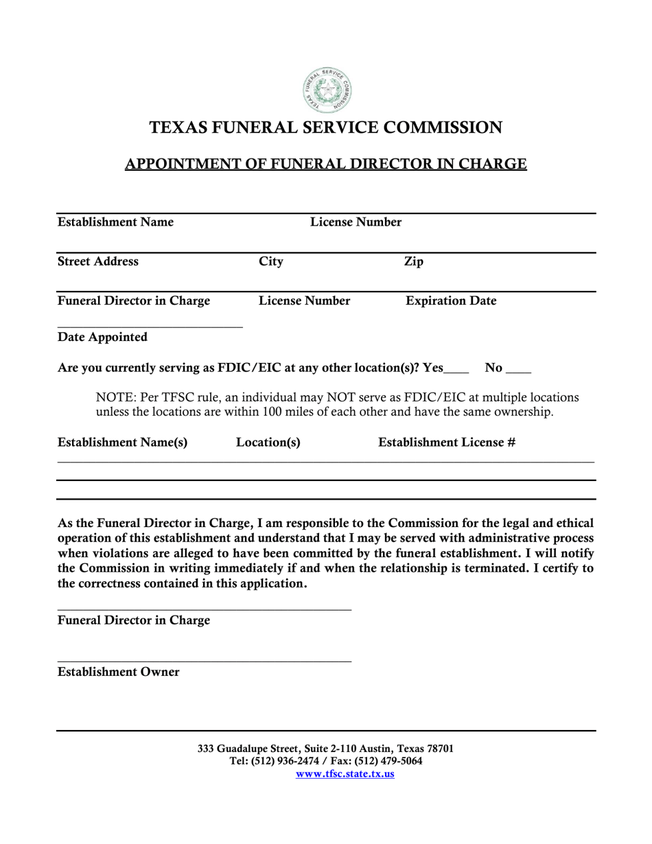 Texas Appointment of Funeral Director in Charge Download Printable PDF