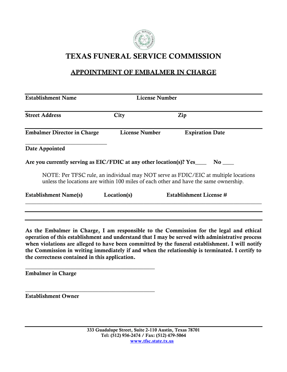 Texas Appointment of Embalmer in Charge Download Printable PDF
