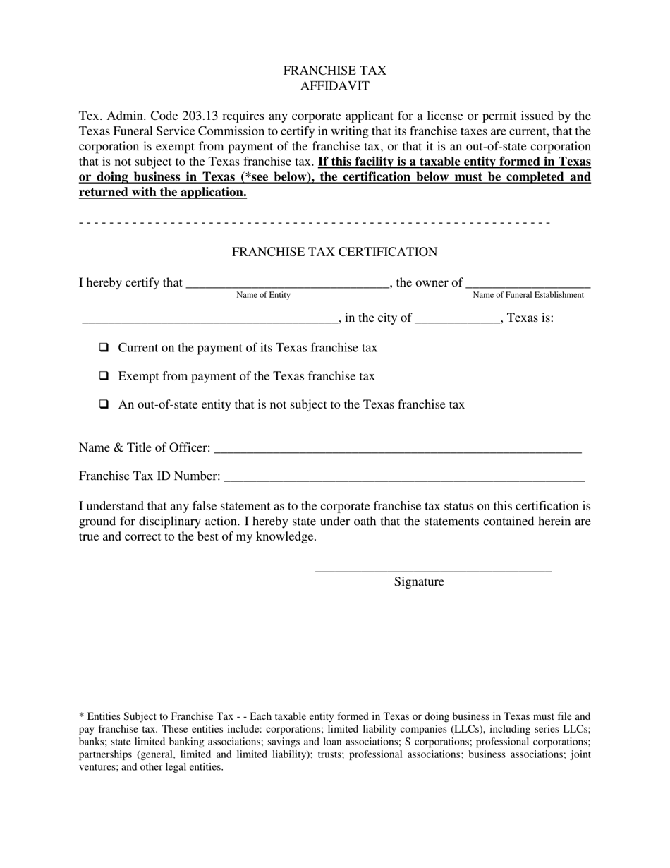 Franchise Tax Affidavit Form - Texas, Page 1