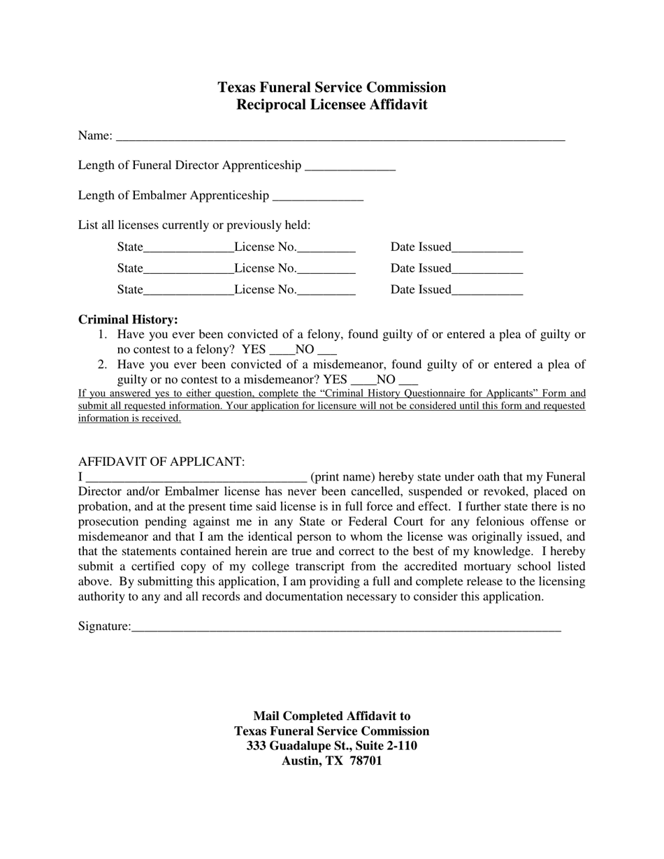 Texas Application for Reciprocal License Funeral Director/Embalmer