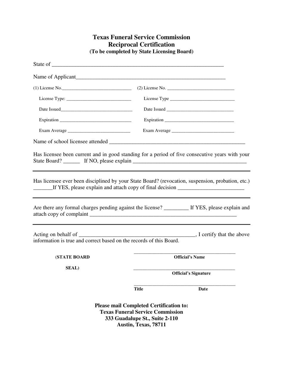 Texas Application for Reciprocal License Funeral Director/Embalmer