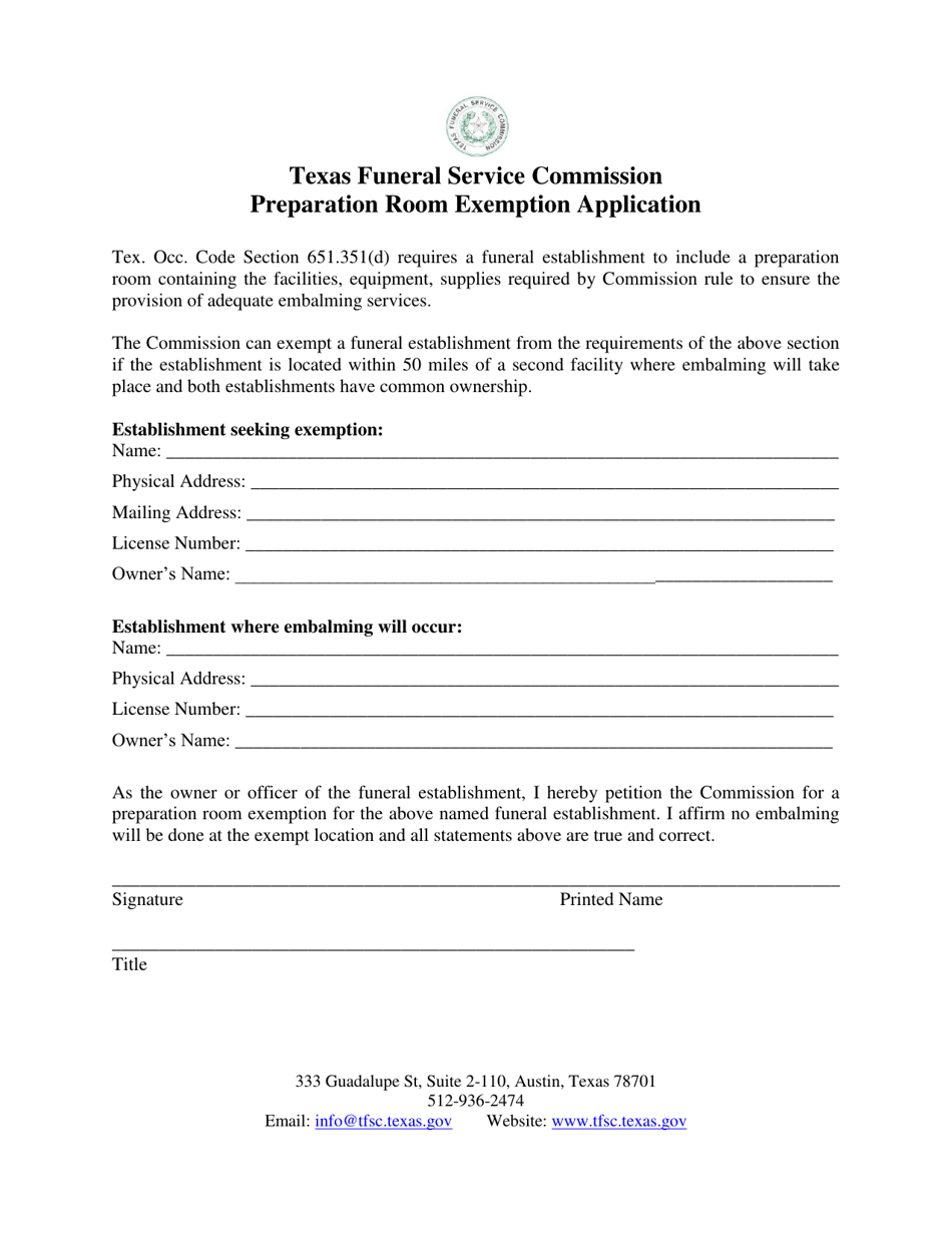 Preparation Room Exemption Application Form - Texas, Page 1