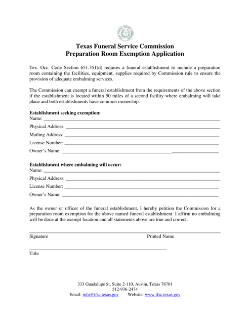 Preparation Room Exemption Application Form - Texas