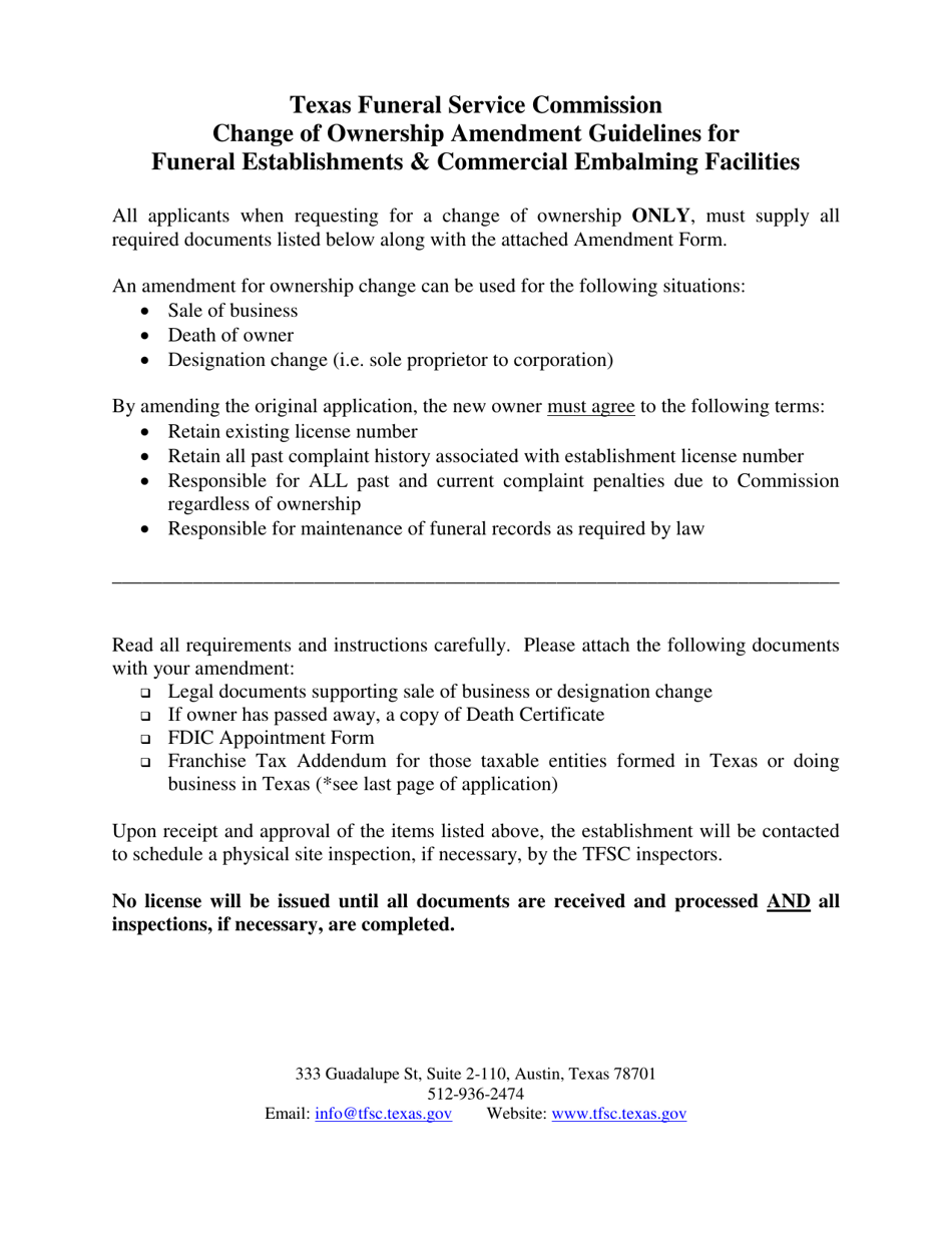 Change of Ownership Amendment Guidelines for Funeral Establishments  Commercial Embalming Facilities - Texas, Page 1